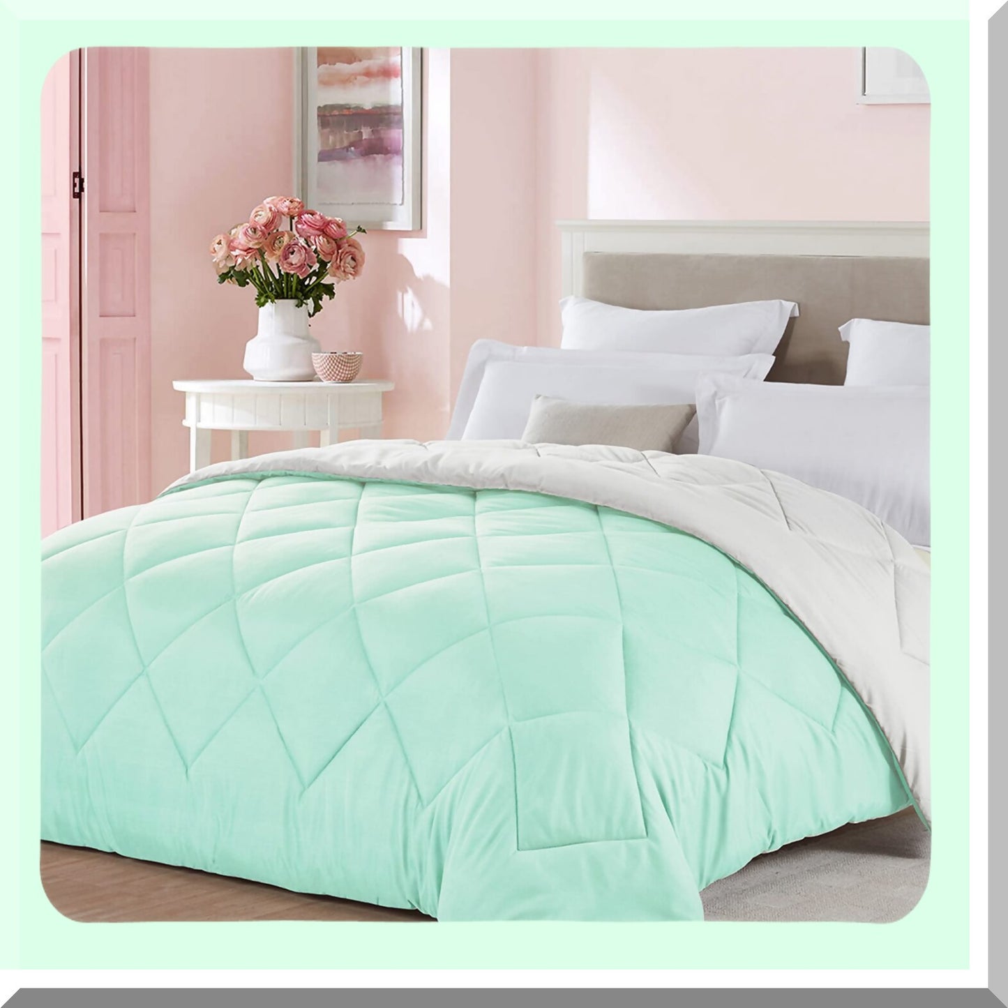 Mint Green Reversible Comforter - Lightweight All Season Bedding with Microfiber Fill for Fall Warmth - Mint Green/White Blanket