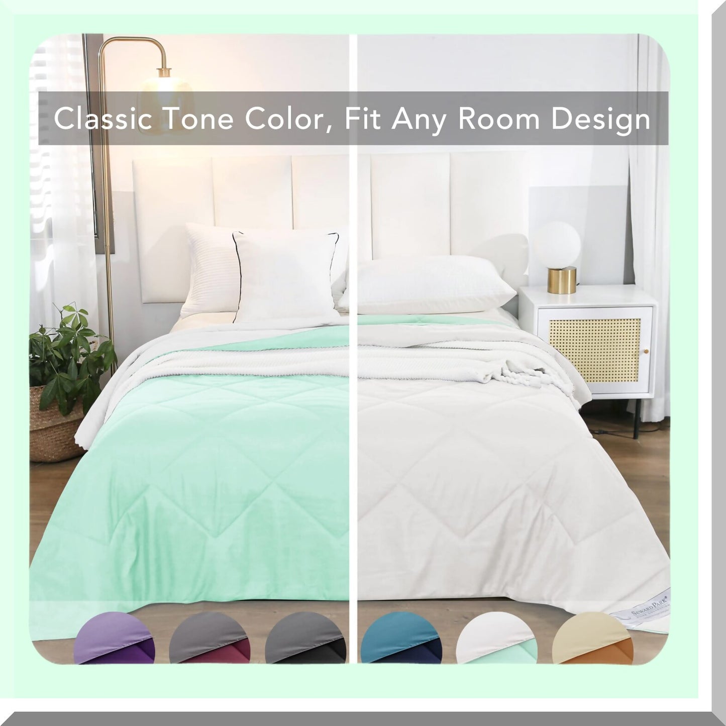 Mint Green Reversible Comforter - Lightweight All Season Bedding with Microfiber Fill for Fall Warmth - Mint Green/White Blanket