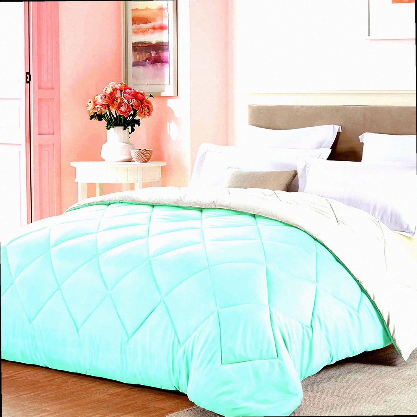 Mint Green Reversible Comforter - Lightweight All Season Bedding with Microfiber Fill for Fall Warmth - Mint Green/White Blanket
