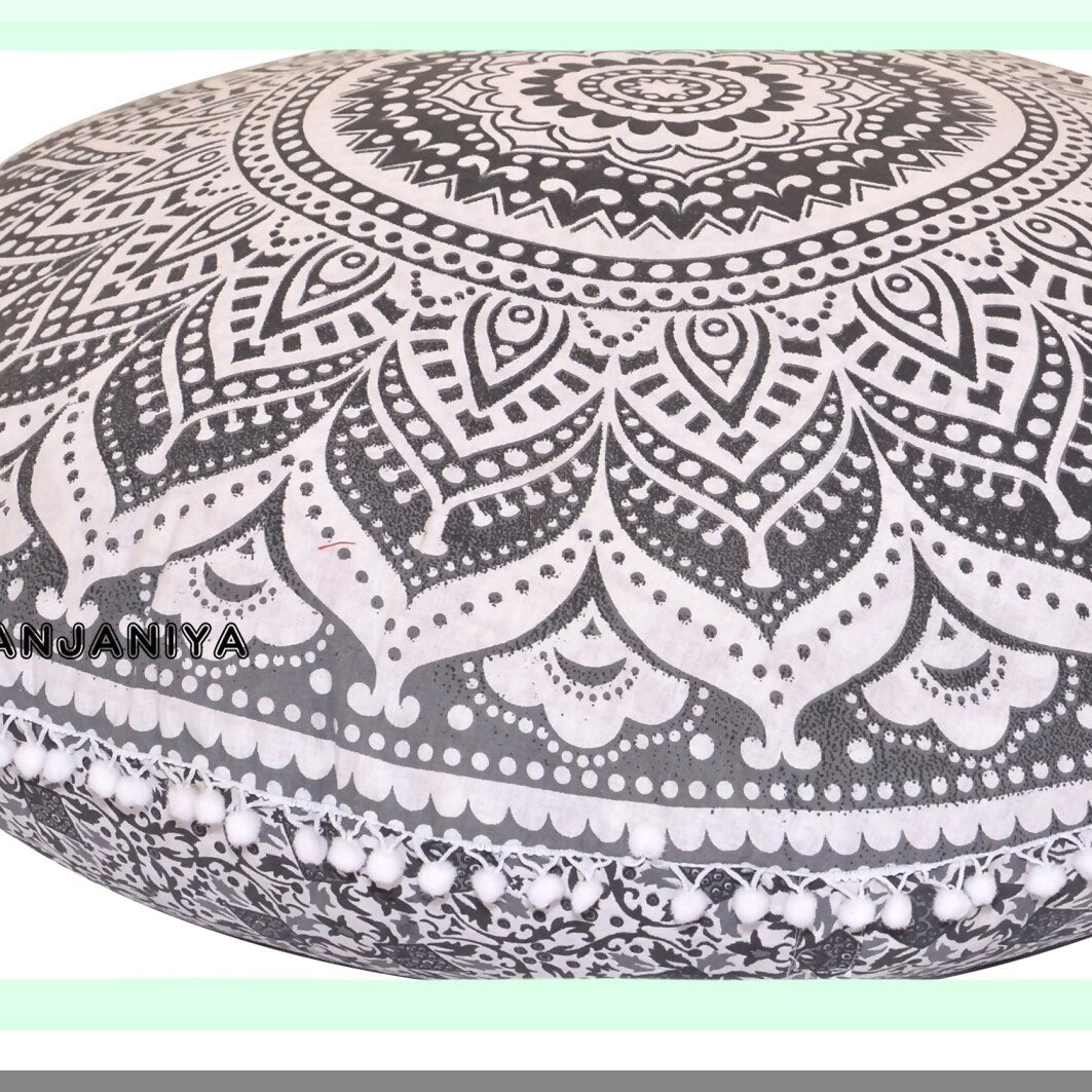 Bohemian Ombre Floor Pillow Cover - Large Zipped Throw Cushion for Yoga Meditation, Comfortable Seating on Couch or Ottoman, Hippie Decor Grey