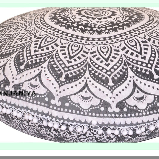 Bohemian Ombre Floor Pillow Cover - Large Zipped Throw Cushion for Yoga Meditation, Comfortable Seating on Couch or Ottoman, Hippie Decor Grey