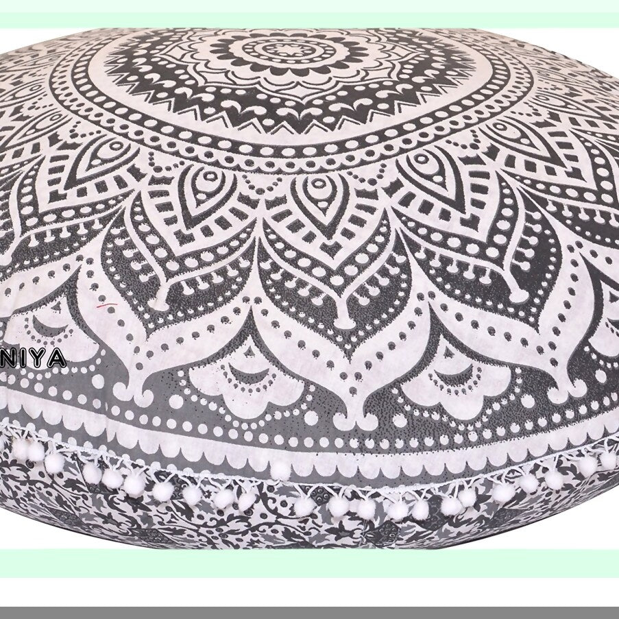 Bohemian Ombre Floor Pillow Cover - Large Zipped Throw Cushion for Yoga Meditation, Comfortable Seating on Couch or Ottoman, Hippie Decor Grey