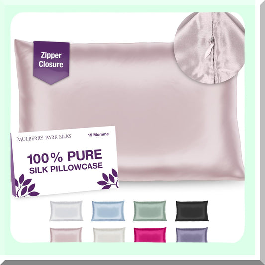 LuxurySilk Pink Pillowcase - 100% Silk, 19 Momme, Grade 6A, Hidden Zipper Closure - Hypoallergenic, Smooth, Soft, Breathable - Queen Size 20'' x 36''