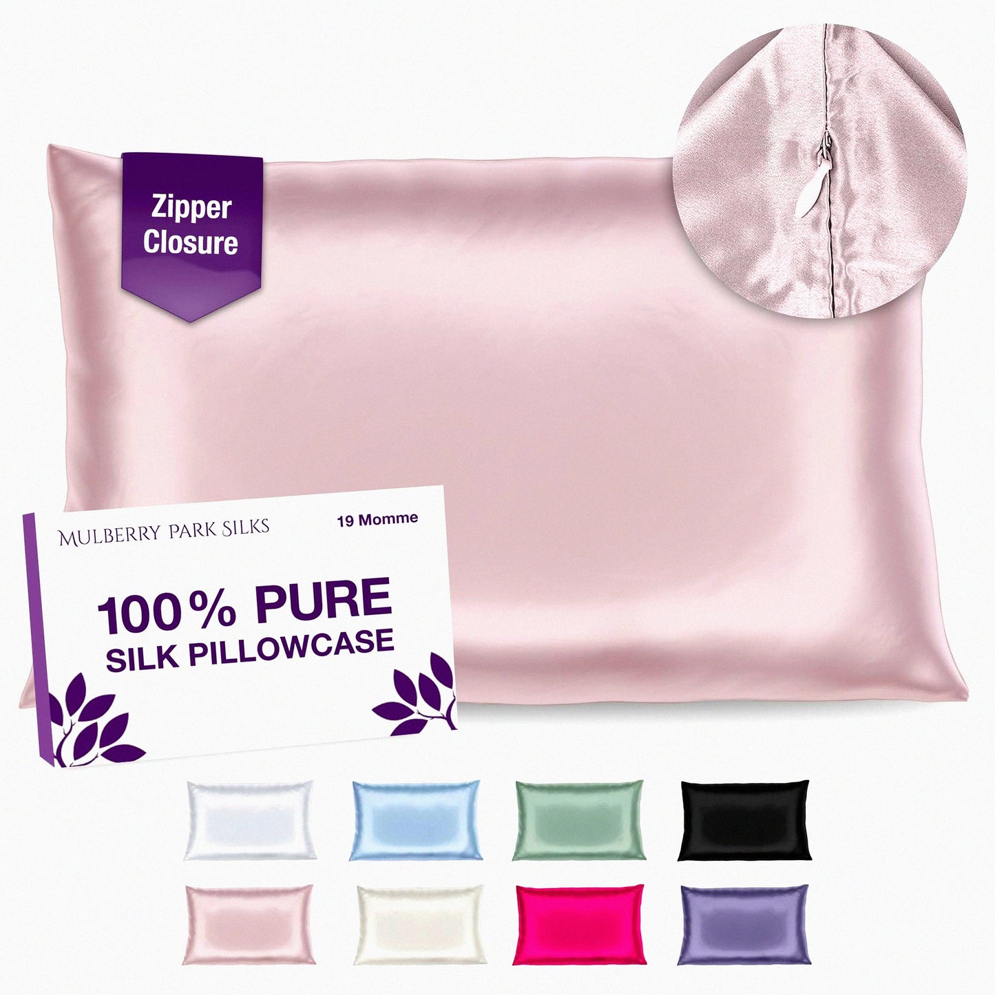 LuxurySilk Pink Pillowcase - 100% Silk, 19 Momme, Grade 6A, Hidden Zipper Closure - Hypoallergenic, Smooth, Soft, Breathable - Queen Size 20'' x 36''