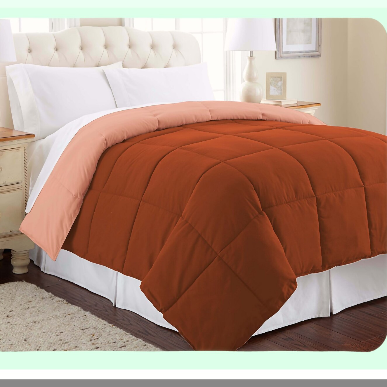 Luxury Reversible Microfiber Comforter - All Season Quilted Duvet Insert - Soft & Cozy Goose Down Alternative - Full/Queen Size Rust/Clay Bedding