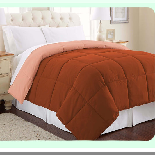 Luxury Reversible Microfiber Comforter - All Season Quilted Duvet Insert - Soft & Cozy Goose Down Alternative - Full/Queen Size Rust/Clay Bedding