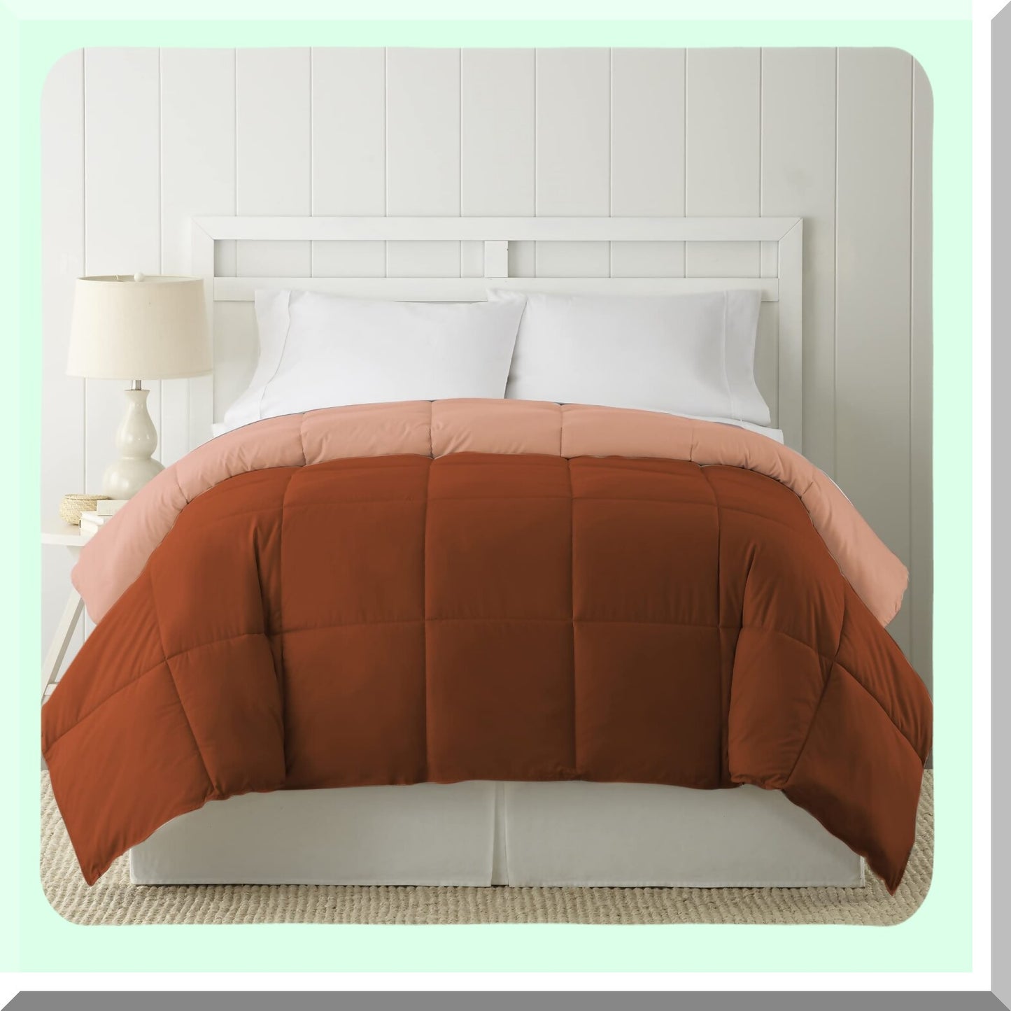 Luxury Reversible Microfiber Comforter - All Season Quilted Duvet Insert - Soft & Cozy Goose Down Alternative - Full/Queen Size Rust/Clay Bedding