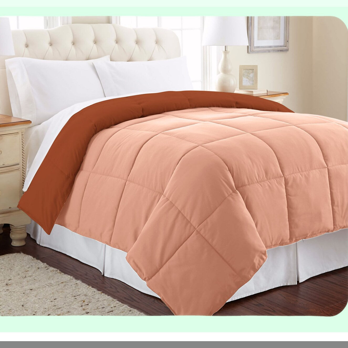 Luxury Reversible Microfiber Comforter - All Season Quilted Duvet Insert - Soft & Cozy Goose Down Alternative - Full/Queen Size Rust/Clay Bedding