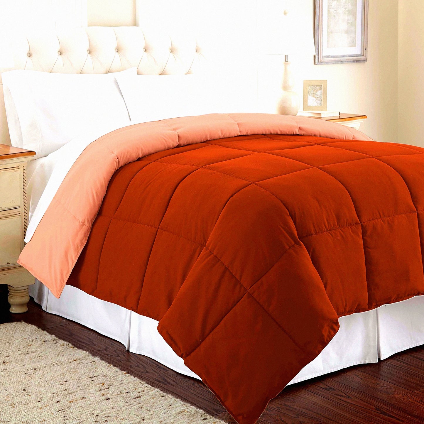 Luxury Reversible Microfiber Comforter - All Season Quilted Duvet Insert - Soft & Cozy Goose Down Alternative - Full/Queen Size Rust/Clay Bedding