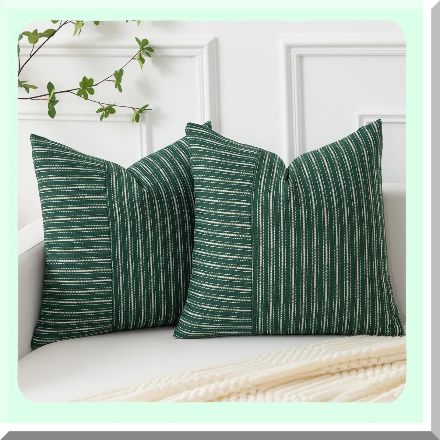 Farmhouse Striped Linen Throw Pillow Covers - Set of 2, Modern Accent Cushion Covers for Fall Decor - Dark Green & Beige 18x18