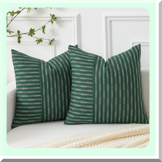 Farmhouse Striped Linen Throw Pillow Covers - Set of 2, Modern Accent Cushion Covers for Fall Decor - Dark Green & Beige 18x18