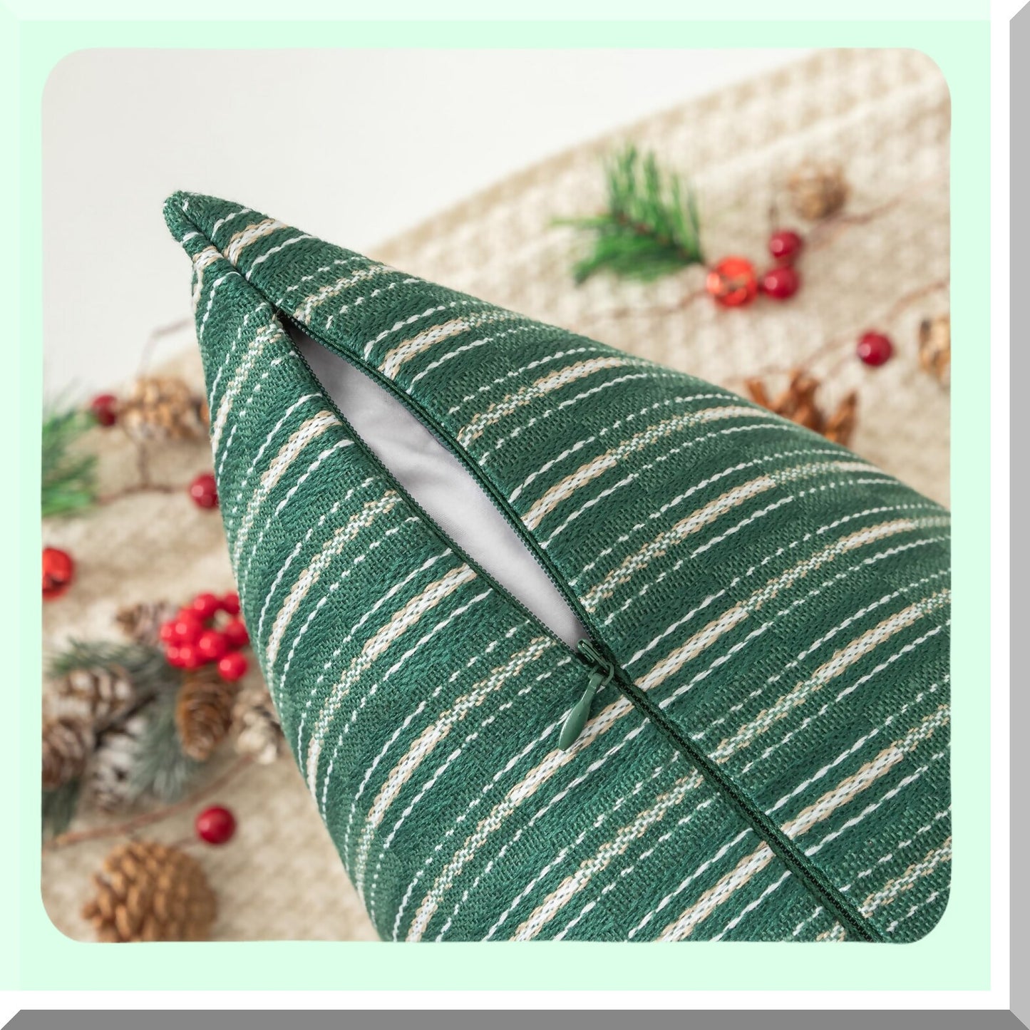 Farmhouse Striped Linen Throw Pillow Covers - Set of 2, Modern Accent Cushion Covers for Fall Decor - Dark Green & Beige 18x18