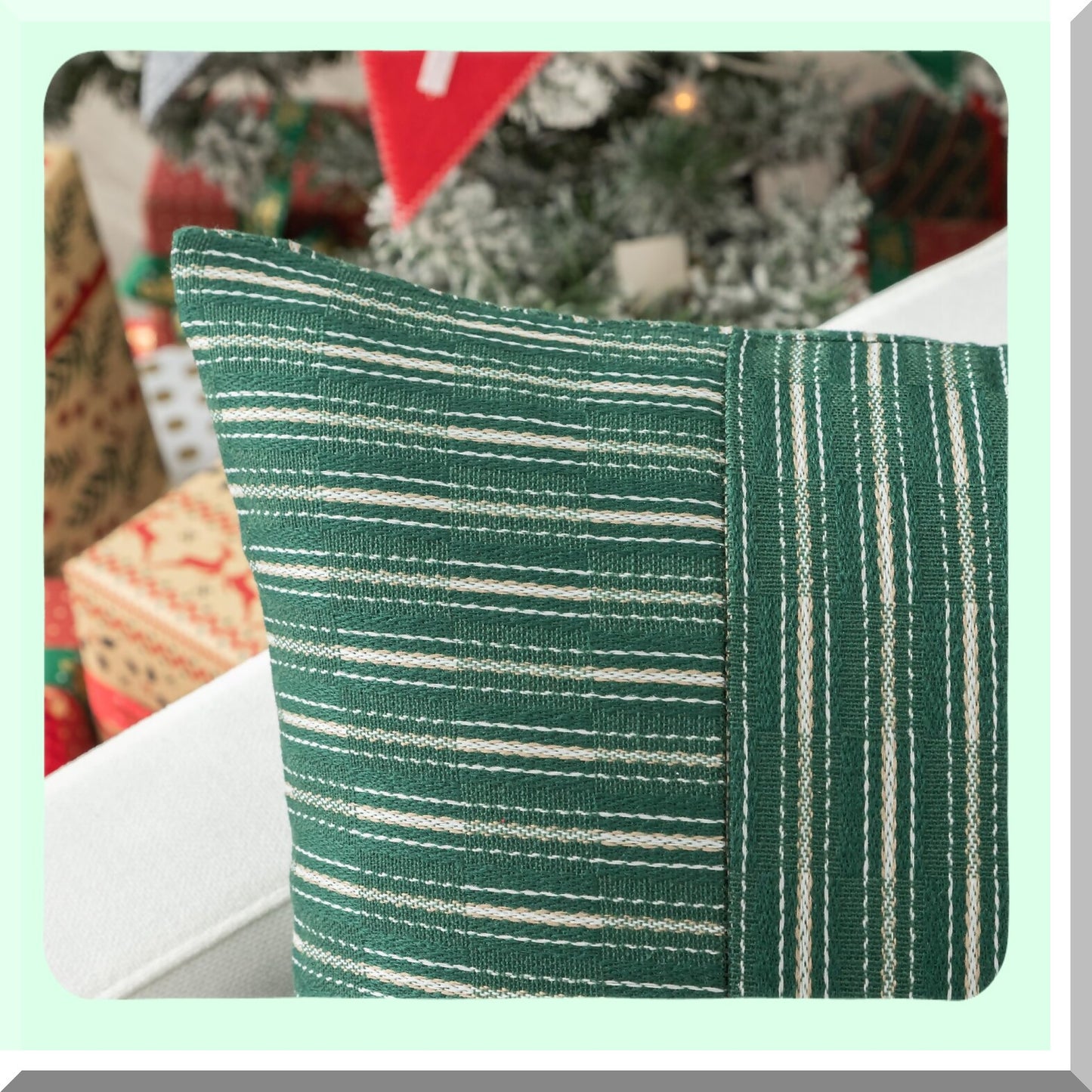 Farmhouse Striped Linen Throw Pillow Covers - Set of 2, Modern Accent Cushion Covers for Fall Decor - Dark Green & Beige 18x18