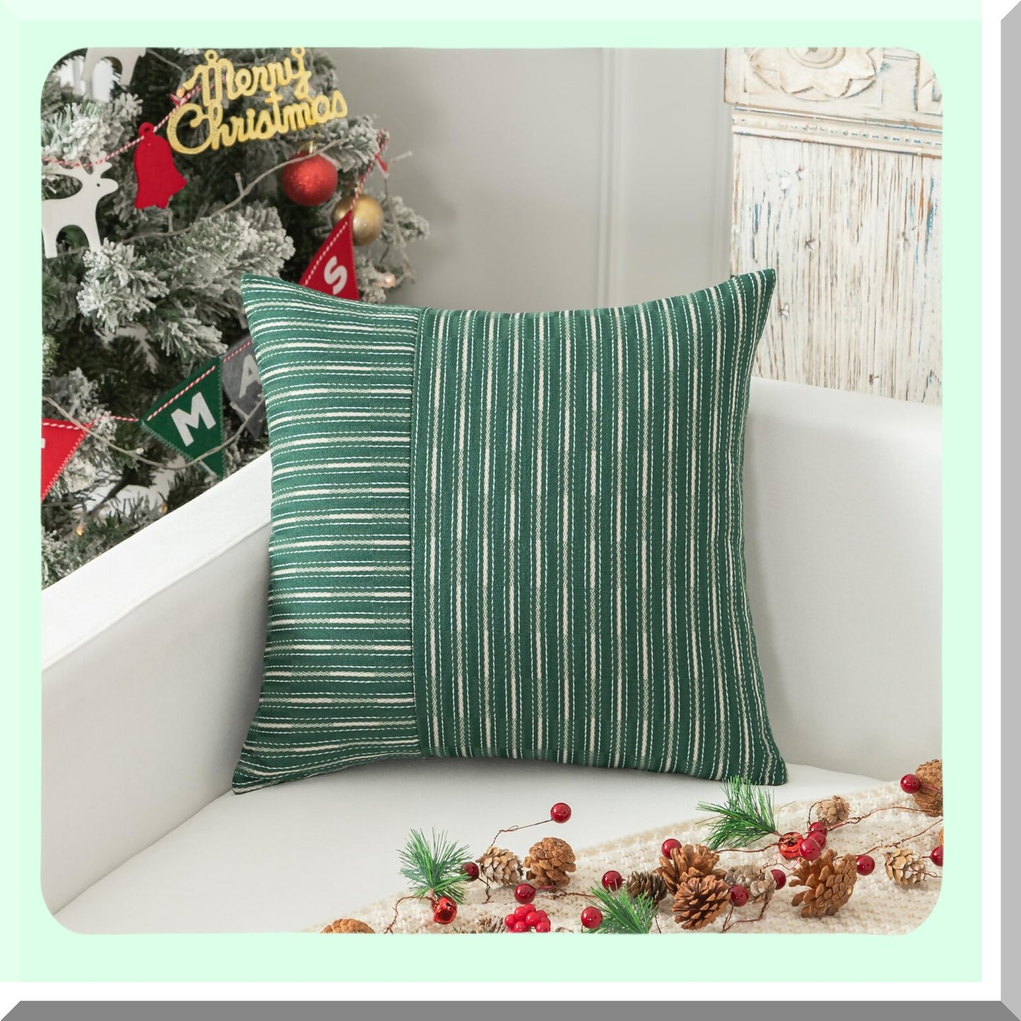 Farmhouse Striped Linen Throw Pillow Covers - Set of 2, Modern Accent Cushion Covers for Fall Decor - Dark Green & Beige 18x18