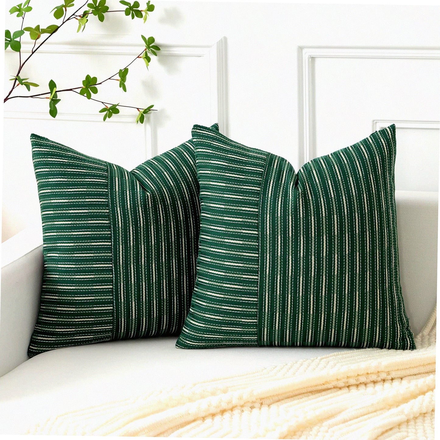 Farmhouse Striped Linen Throw Pillow Covers - Set of 2, Modern Accent Cushion Covers for Fall Decor - Dark Green & Beige 18x18