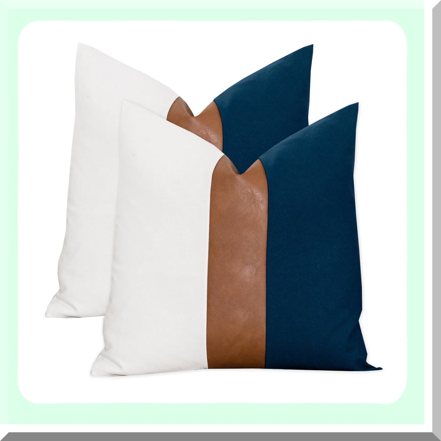 Boho Patchwork Rustic Pillow Covers - Set of 2 Navy Blue & White 24x24 Farmhouse Decor Cushion Cases for Sofa, Couch, Chair, Bedroom - Leather & Cotton