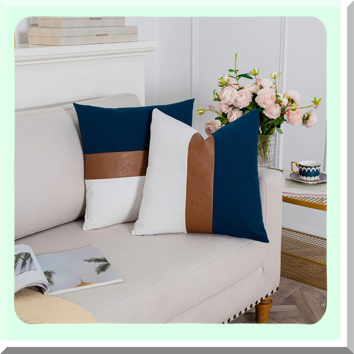 Boho Patchwork Rustic Pillow Covers - Set of 2 Navy Blue & White 24x24 Farmhouse Decor Cushion Cases for Sofa, Couch, Chair, Bedroom - Leather & Cotton