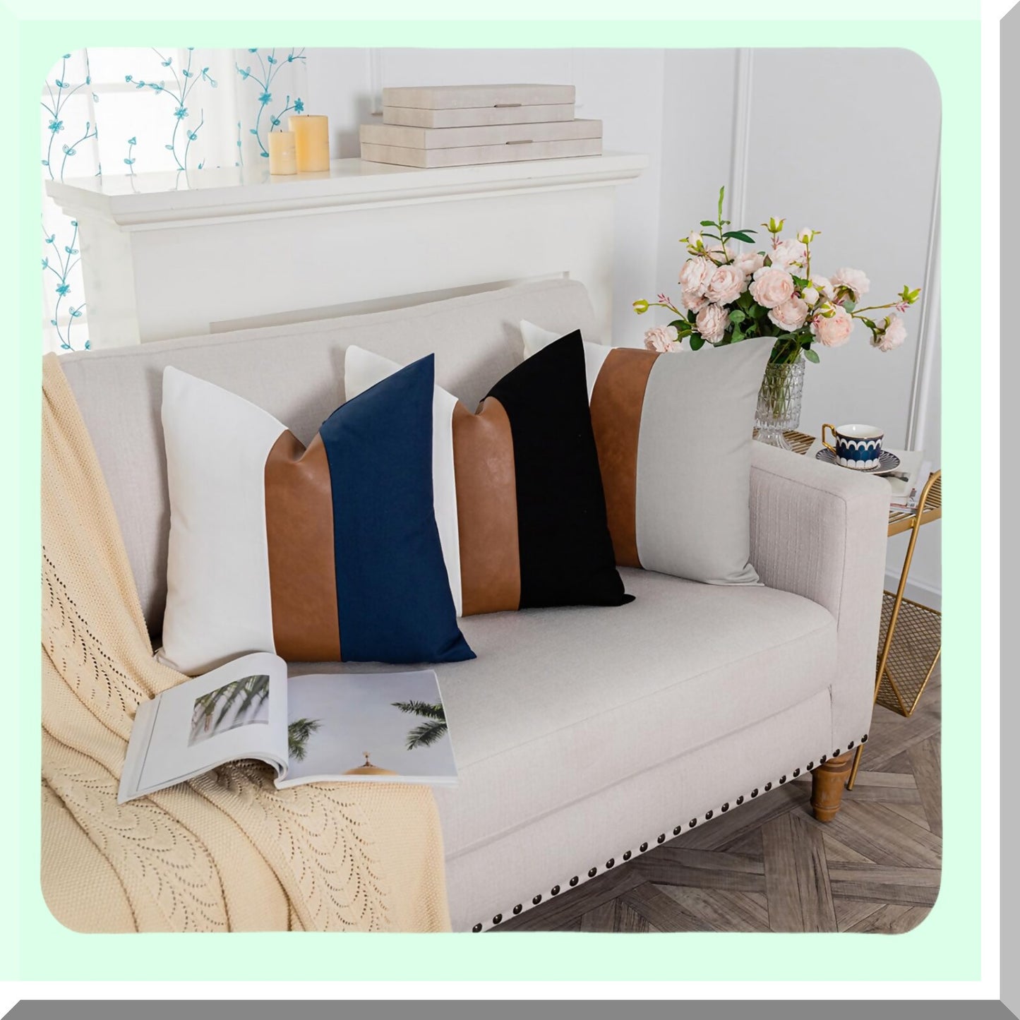 Boho Patchwork Rustic Pillow Covers - Set of 2 Navy Blue & White 24x24 Farmhouse Decor Cushion Cases for Sofa, Couch, Chair, Bedroom - Leather & Cotton