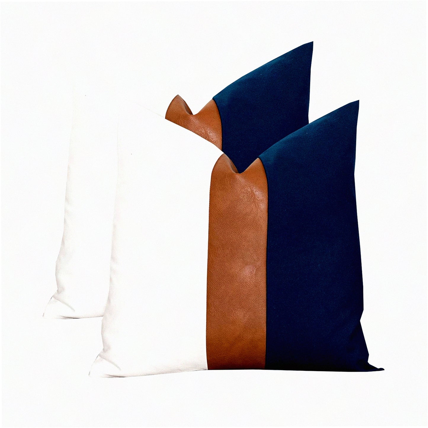 Boho Patchwork Rustic Pillow Covers - Set of 2 Navy Blue & White 24x24 Farmhouse Decor Cushion Cases for Sofa, Couch, Chair, Bedroom - Leather & Cotton