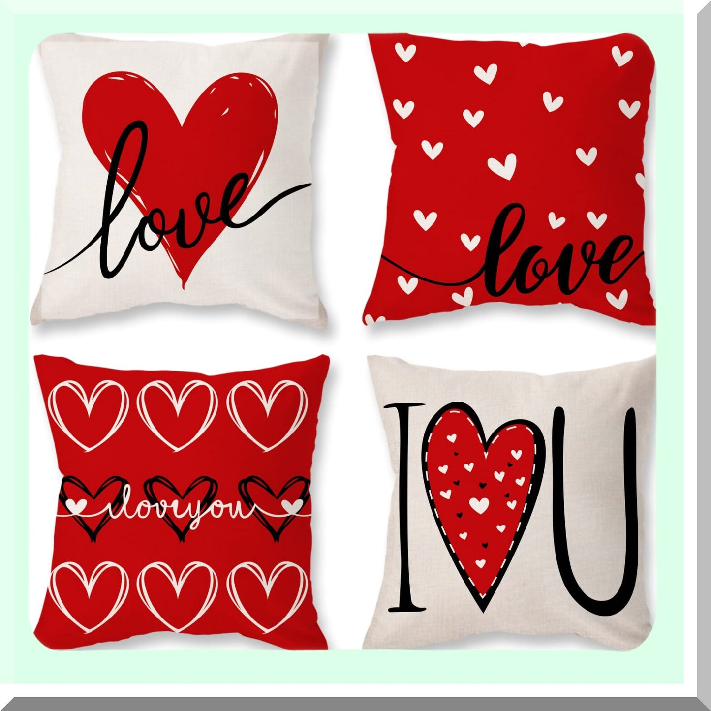 Love Heart Red Valentine's Day Pillow Covers - Set of 4 18x18 Inch Decorative Throw Pillowcases for Sofa Couch - Lovely Home Decor
