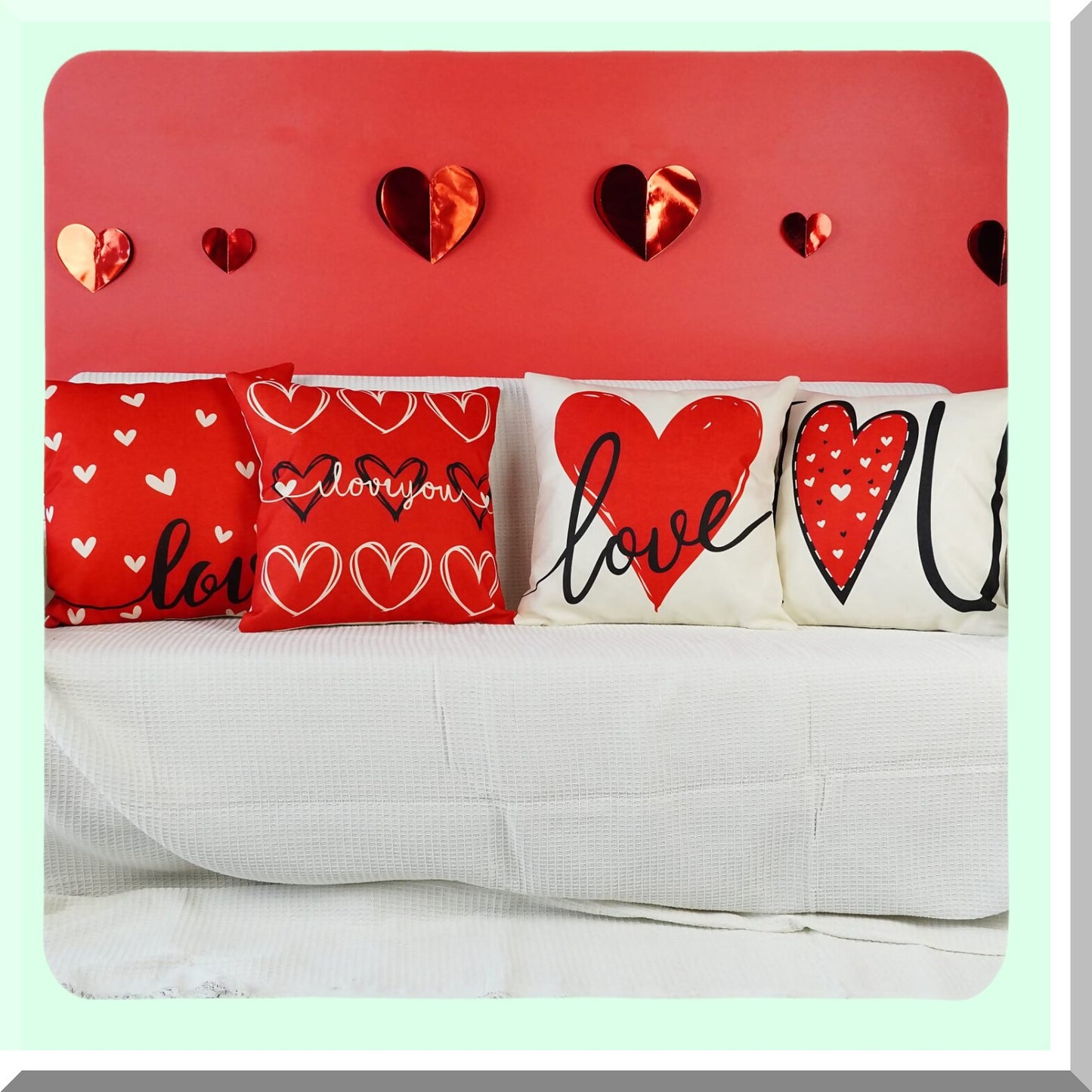 Love Heart Red Valentine's Day Pillow Covers - Set of 4 18x18 Inch Decorative Throw Pillowcases for Sofa Couch - Lovely Home Decor