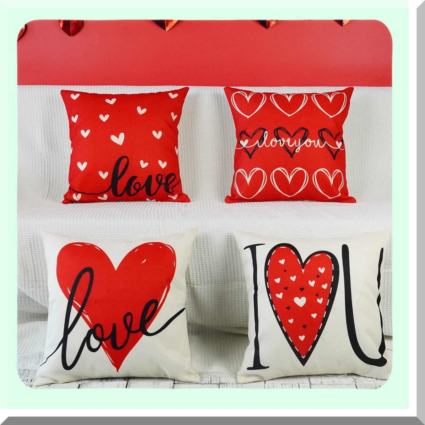 Love Heart Red Valentine's Day Pillow Covers - Set of 4 18x18 Inch Decorative Throw Pillowcases for Sofa Couch - Lovely Home Decor