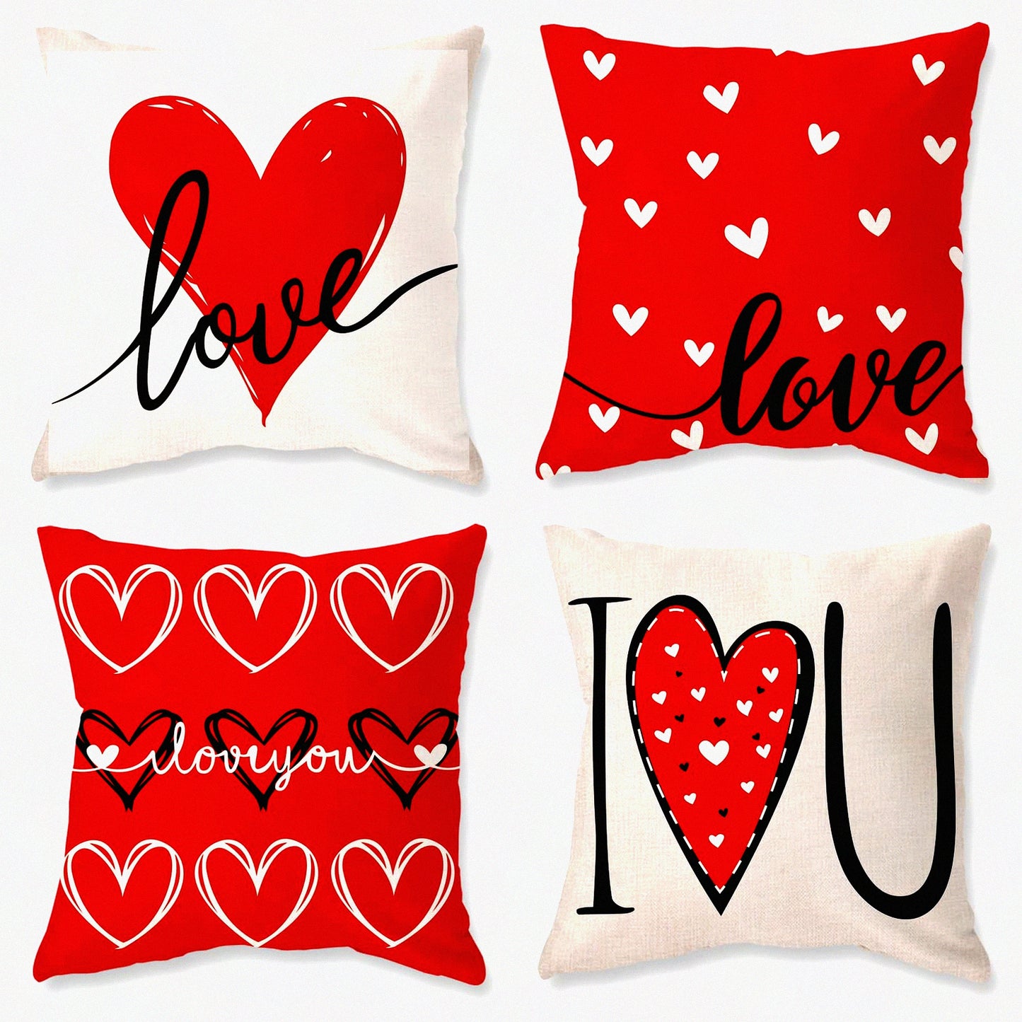 Love Heart Red Valentine's Day Pillow Covers - Set of 4 18x18 Inch Decorative Throw Pillowcases for Sofa Couch - Lovely Home Decor