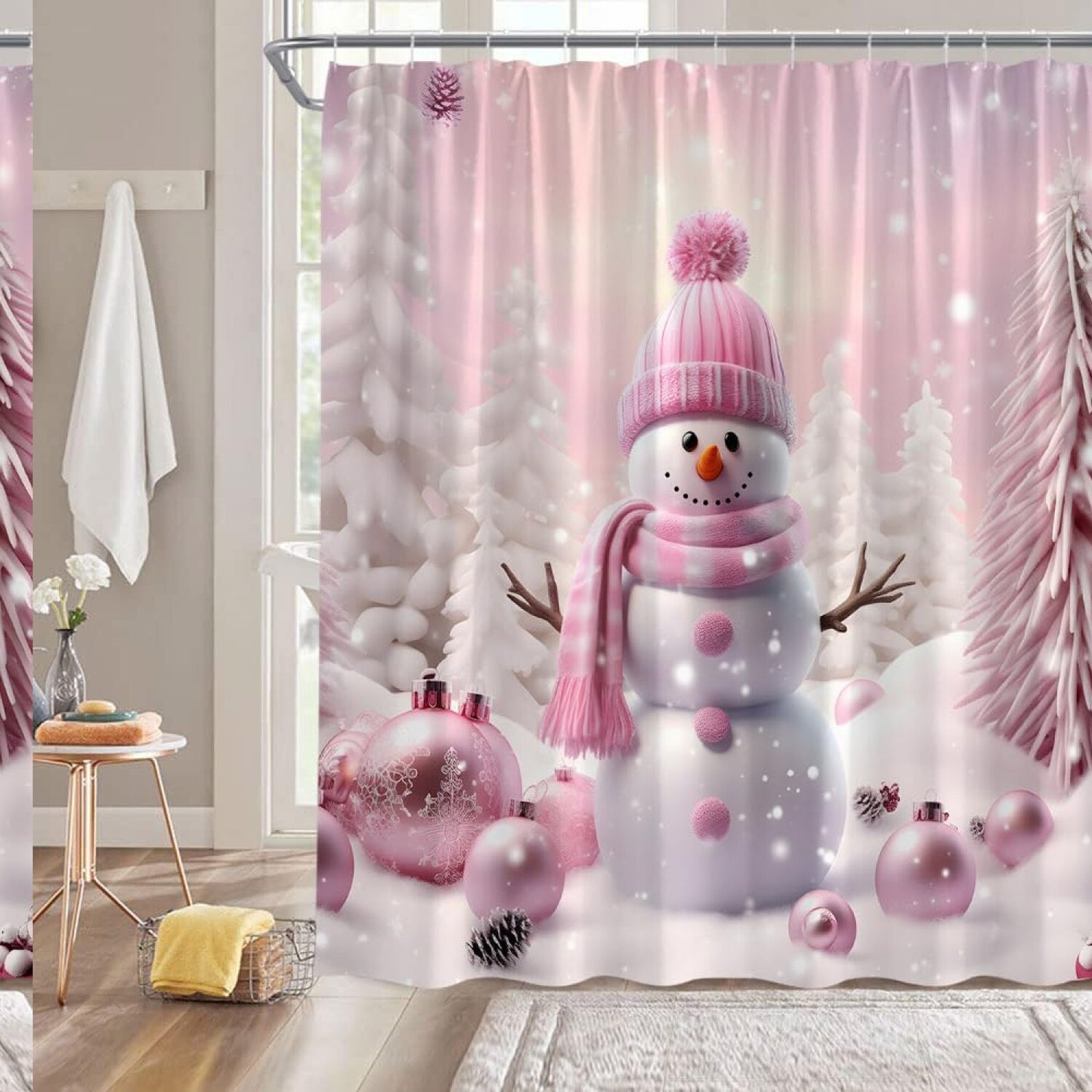 Pink Snowman Shower Curtain 70x70 Inches