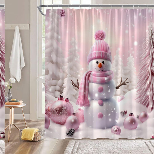 Pink Snowman Shower Curtain 70x70 Inches