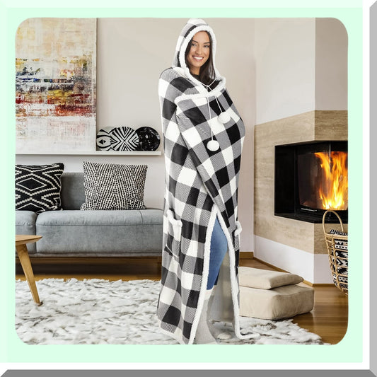 UltraCozy Hooded Blanket - Super Soft Microplush, Lightweight, Functional Throw for Adults, Buffalo Plaid White/Black, 71"x51""