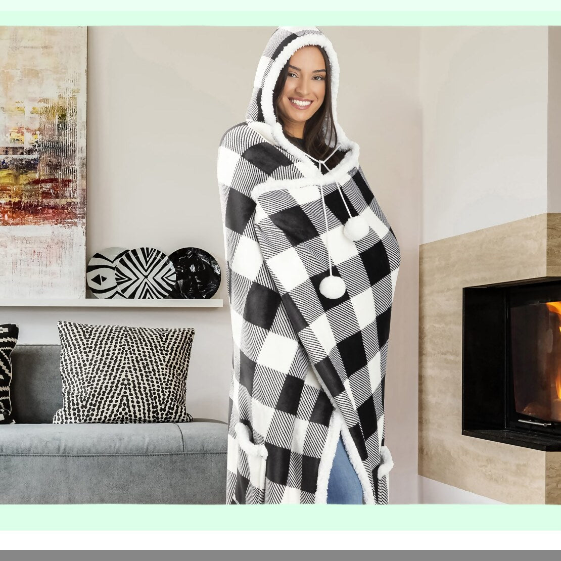 UltraCozy Hooded Blanket - Super Soft Microplush, Lightweight, Functional Throw for Adults, Buffalo Plaid White/Black, 71"x51""