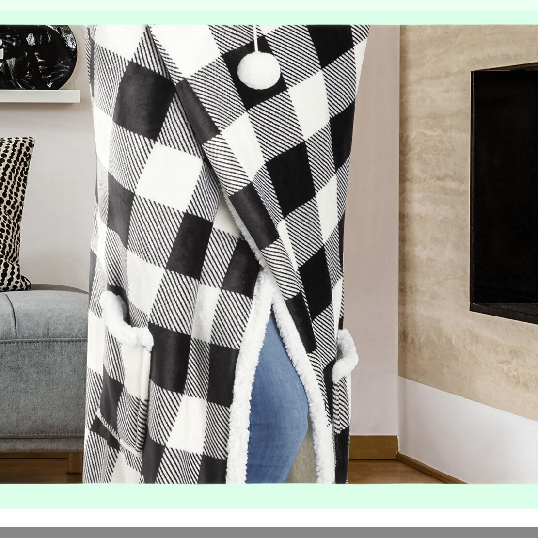 UltraCozy Hooded Blanket - Super Soft Microplush, Lightweight, Functional Throw for Adults, Buffalo Plaid White/Black, 71"x51""