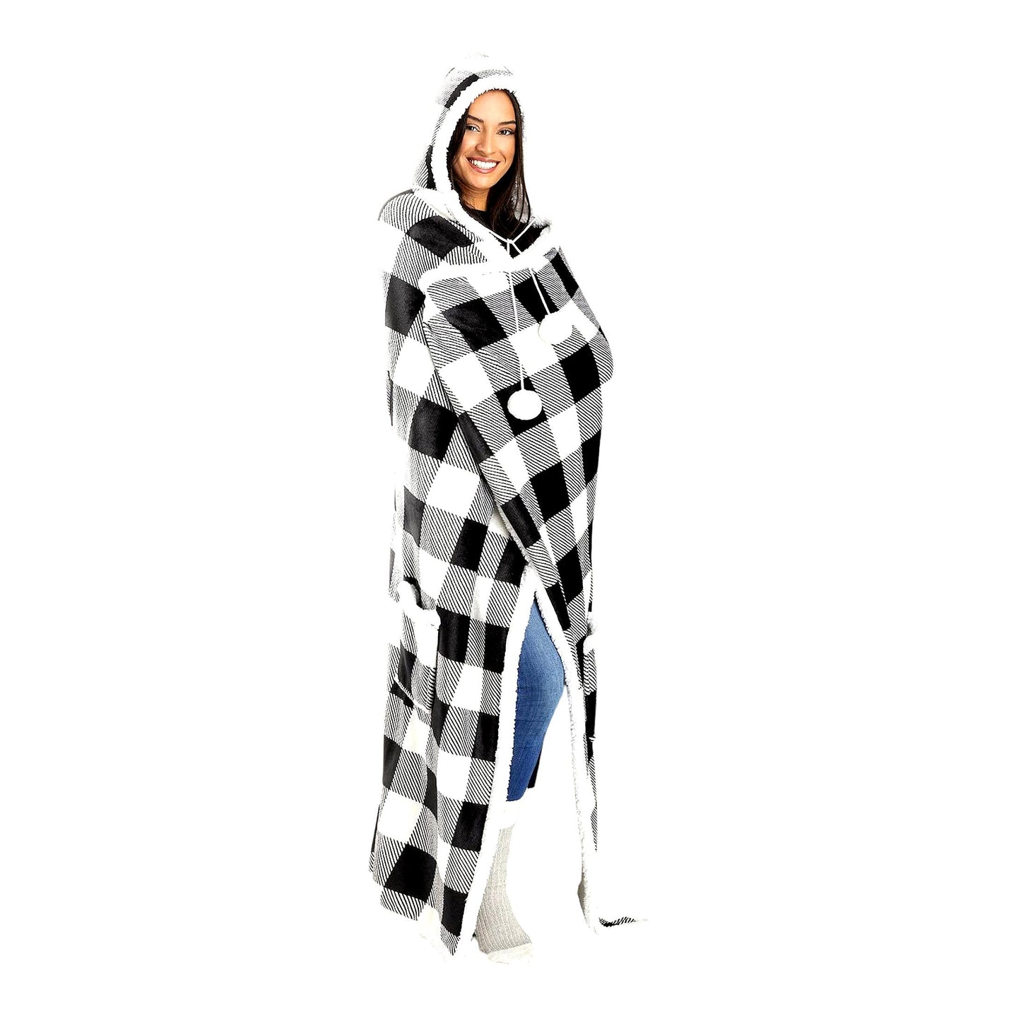 UltraCozy Hooded Blanket - Super Soft Microplush, Lightweight, Functional Throw for Adults, Buffalo Plaid White/Black, 71"x51""
