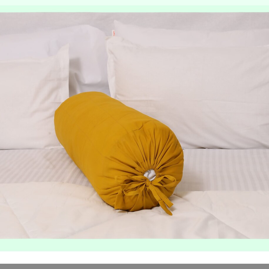 Mustard Cotton Bolster Pillowcase with Drawstring Closure - Easy to Remove and Washable - 8" Diameter x 24" Long - 20cm x 60cm - Soft and Durable Cover