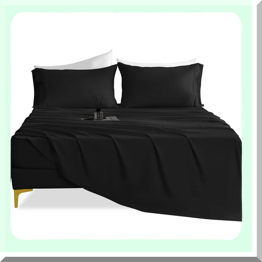 Luxury CoolMax Sheet Set - Silky Soft 4 Piece Bedding Bundle with Deep Pocket, Wrinkle-Free Black Sheets and Pillowcases for Size Bed