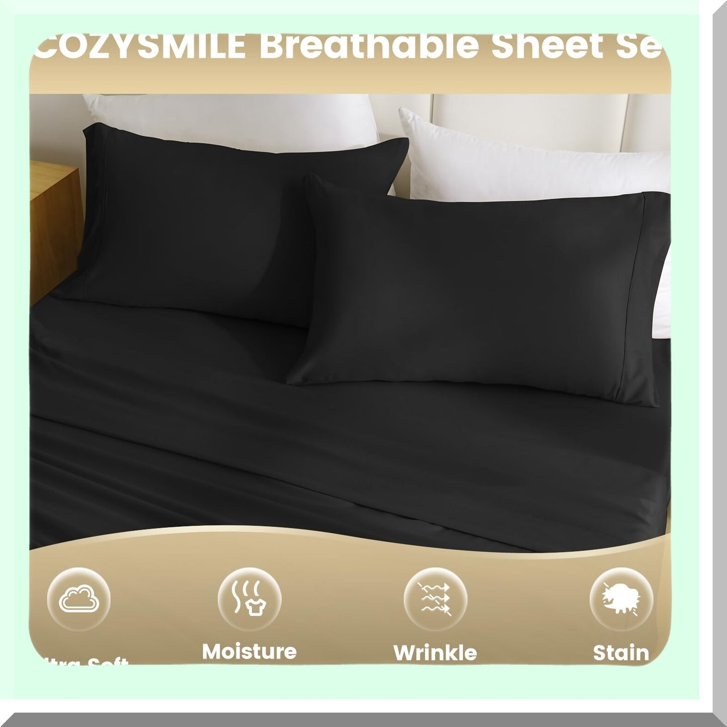 Luxury CoolMax Sheet Set - Silky Soft 4 Piece Bedding Bundle with Deep Pocket, Wrinkle-Free Black Sheets and Pillowcases for Size Bed