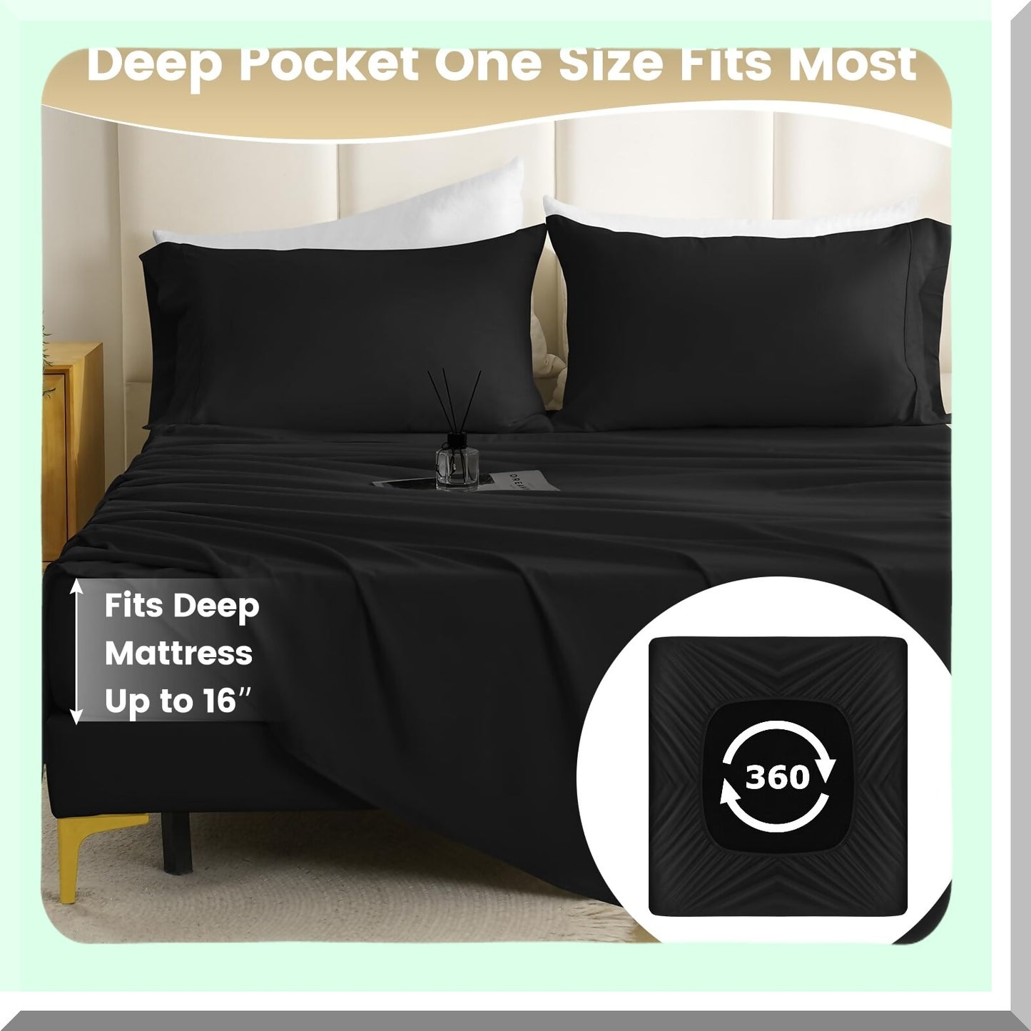 Luxury CoolMax Sheet Set - Silky Soft 4 Piece Bedding Bundle with Deep Pocket, Wrinkle-Free Black Sheets and Pillowcases for Size Bed