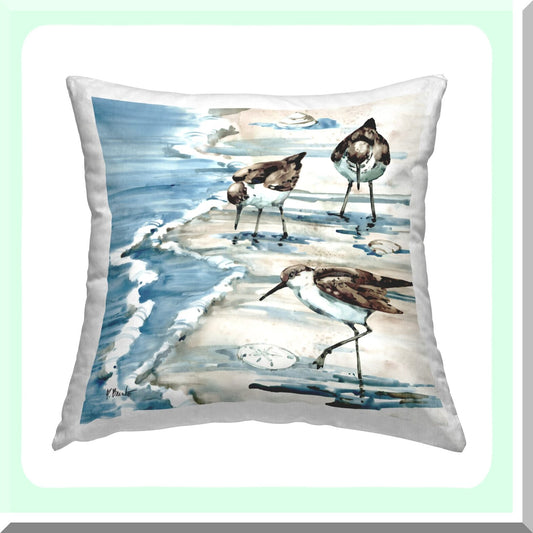 Coastal Blue Sandpipers Seashells Throw Pillow - Beach Design by Paul Brent - 18x18 Decorative Cushion Cover - Nautical Home Decor Accent