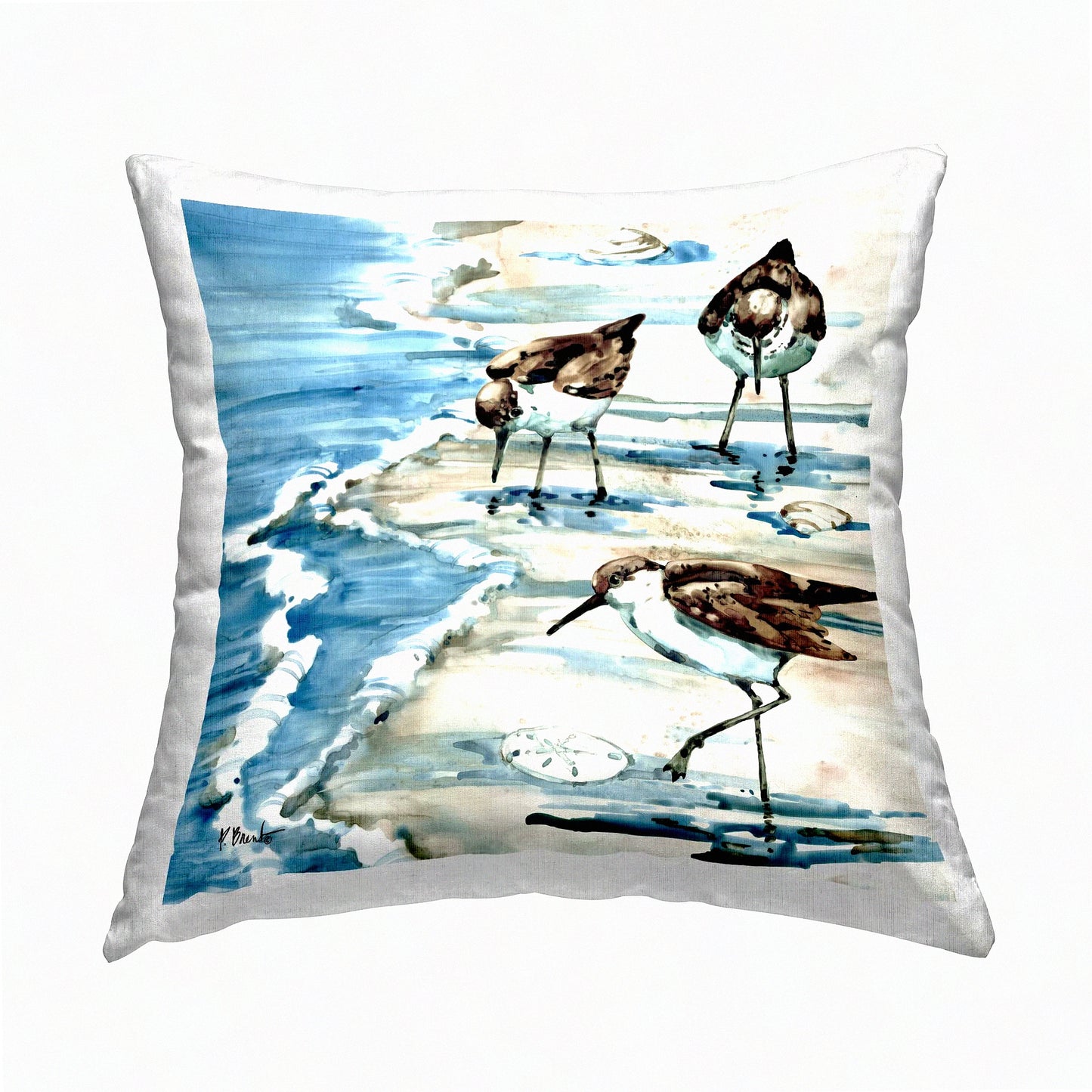 Coastal Blue Sandpipers Seashells Throw Pillow - Beach Design by Paul Brent - 18x18 Decorative Cushion Cover - Nautical Home Decor Accent