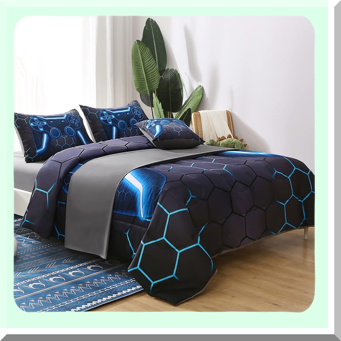 Ultimate Gamer Comforter Set - 6 Piece Bed in A Bag 3D Video Game Bedding with Blue Game Controller Design. All Season Down Alternative for Maximum Comfort.