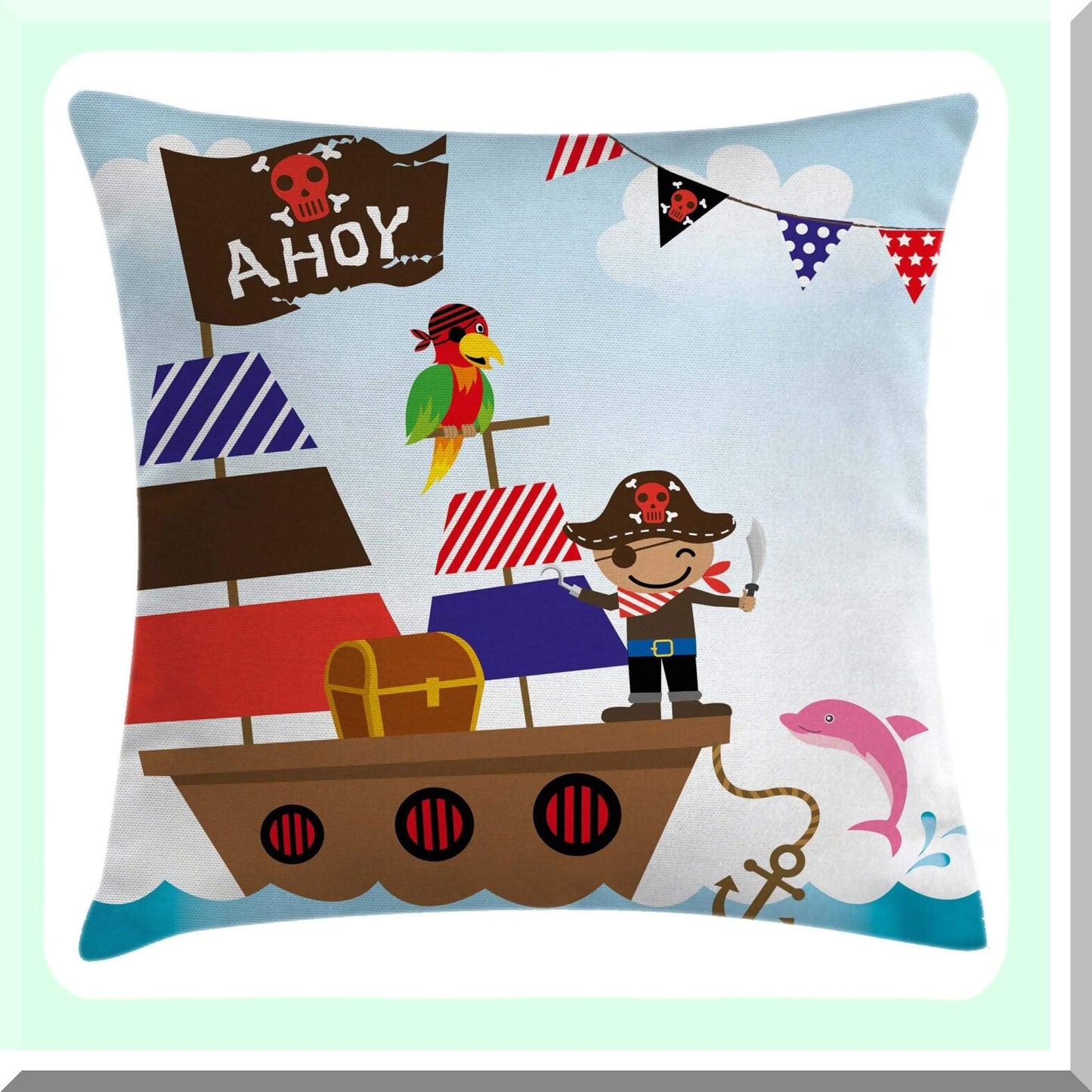 Nautical Adventure Decorative Pillow Cover - Colorful Ahoy Design with Sailing Ship, Dolphin, Parrot, and Anchor - Square Accent Case for 16" X 16" Pillow - Blue Brown Theme