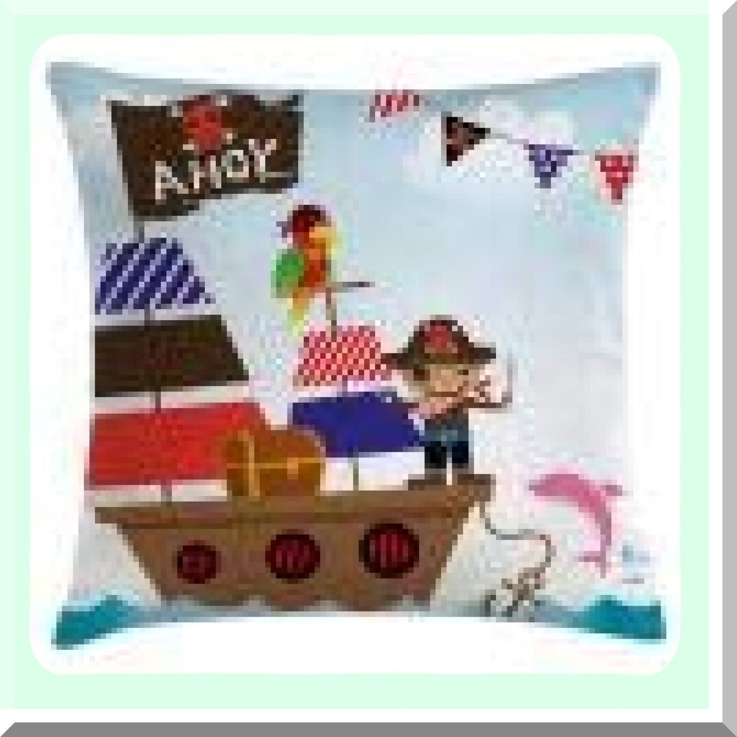 Nautical Adventure Decorative Pillow Cover - Colorful Ahoy Design with Sailing Ship, Dolphin, Parrot, and Anchor - Square Accent Case for 16" X 16" Pillow - Blue Brown Theme