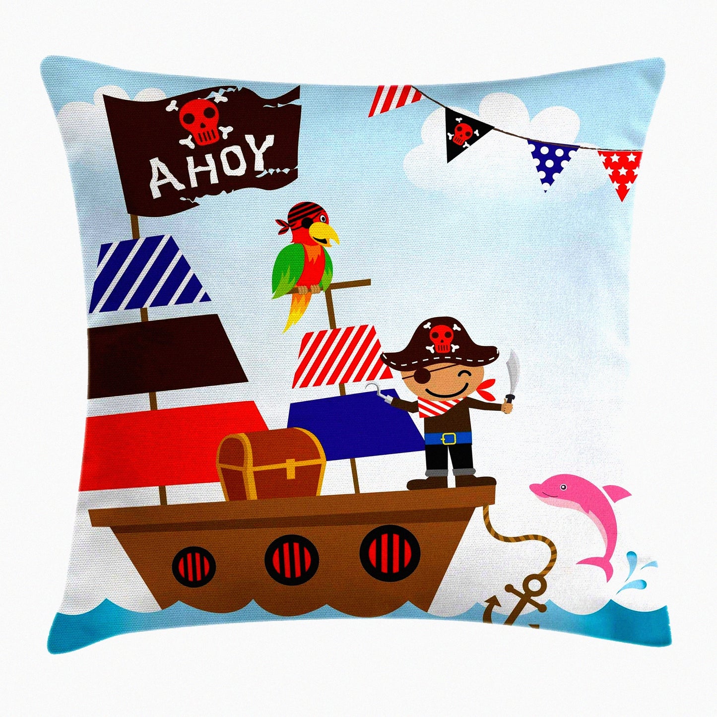 Nautical Adventure Decorative Pillow Cover - Colorful Ahoy Design with Sailing Ship, Dolphin, Parrot, and Anchor - Square Accent Case for 16" X 16" Pillow - Blue Brown Theme