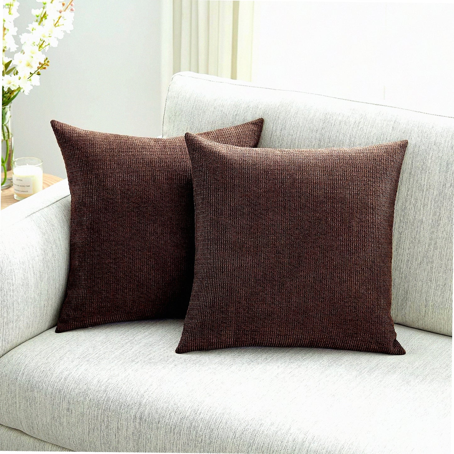 Coffee Stripe Textured Pillow Covers - Set of 2, 18x18 Inches for Sofa Couch Decor - Brown Decorative Throw Pillows
