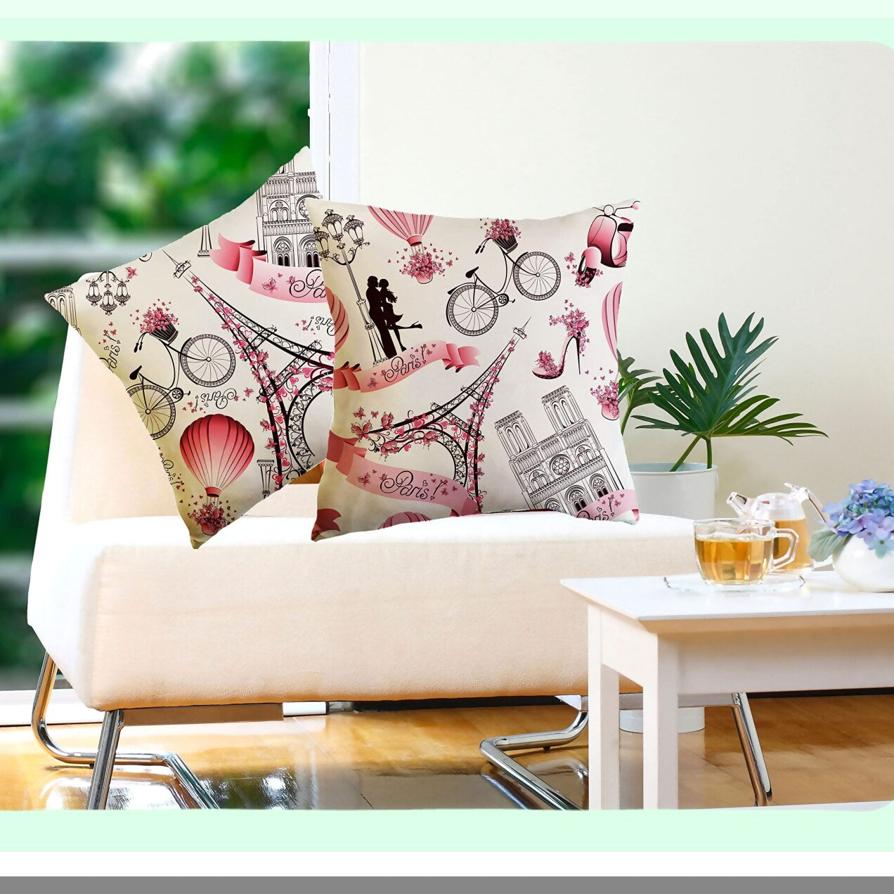 Parisian Pink Eiffel Tower Decorative Pillow Covers - Set of 2 | Square Cushion Cases for Sofa & Bedroom | 18x18 Inch Throw Pillowcases for Home Décor