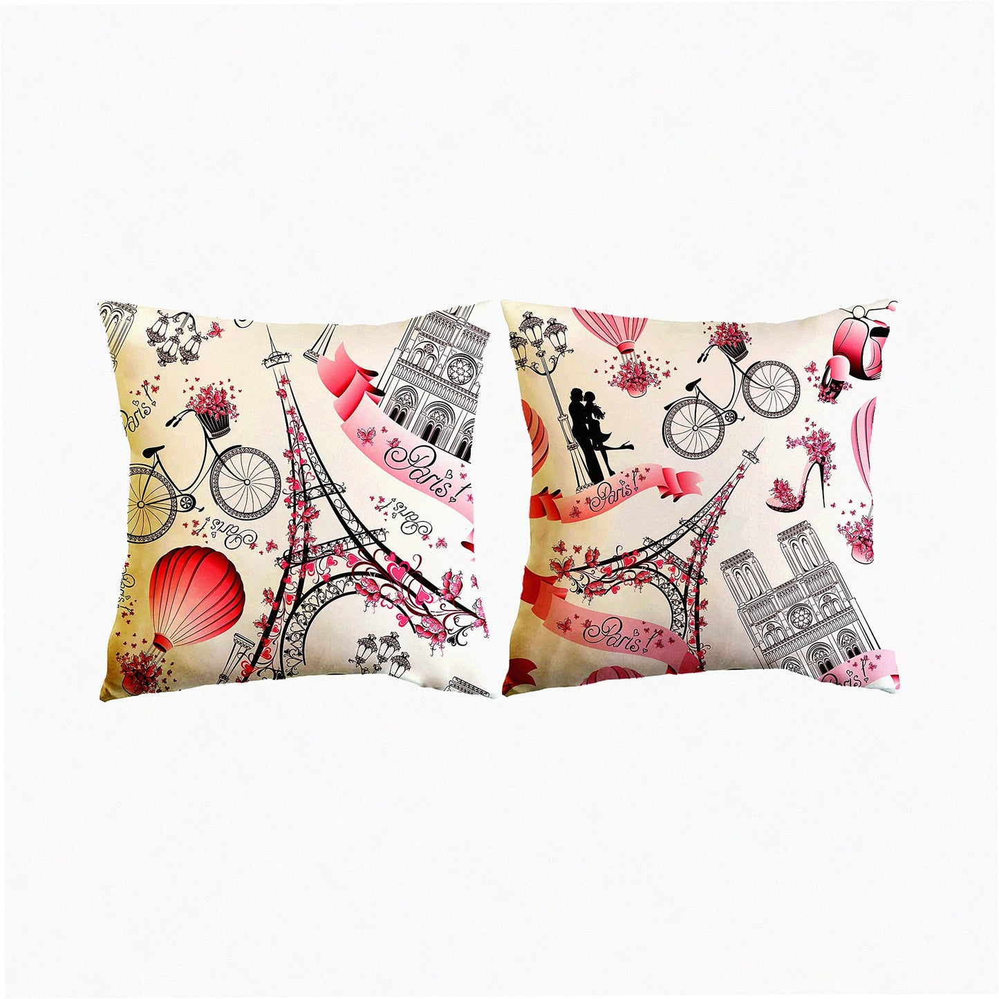 Parisian Pink Eiffel Tower Decorative Pillow Covers - Set of 2 | Square Cushion Cases for Sofa & Bedroom | 18x18 Inch Throw Pillowcases for Home Décor