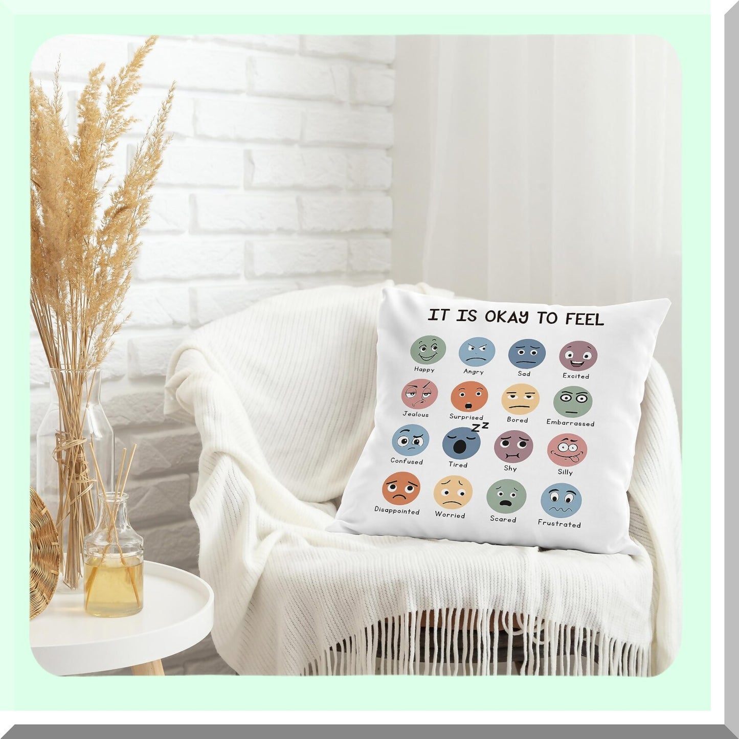 EmoVibe 18x18 Pillow Covers - Feelings & Emotions Throw Pillow - Boho Kids Reading Corner Decor - Homeschool & Teens Room Accent Pillows