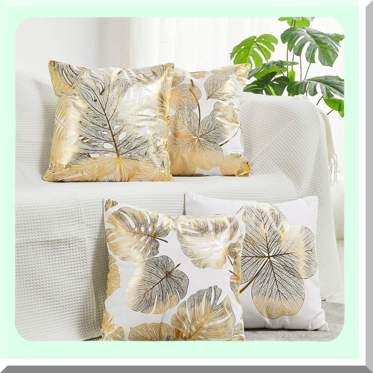 Gold Leaf Impressions Pillow Covers - Set of 4 | Decorative Cushion Cases for Couch, Bedroom, Car | 18x18 inches | Stamping Design