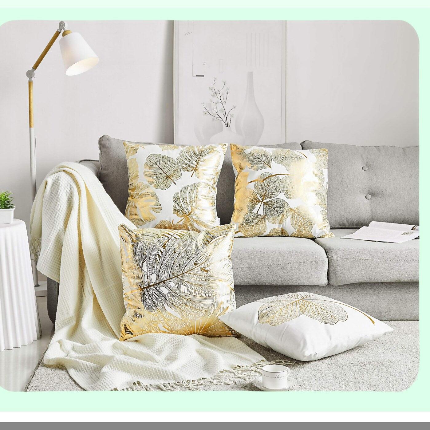 Gold Leaf Impressions Pillow Covers - Set of 4 | Decorative Cushion Cases for Couch, Bedroom, Car | 18x18 inches | Stamping Design