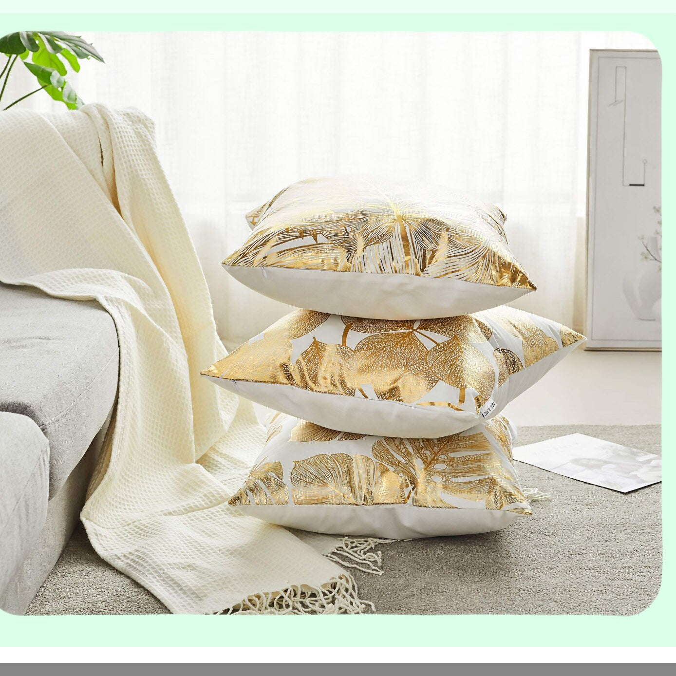 Gold Leaf Impressions Pillow Covers - Set of 4 | Decorative Cushion Cases for Couch, Bedroom, Car | 18x18 inches | Stamping Design